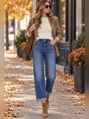 RISEN Dark Wash Slouchy Cuffed Boyfriend Jeans Stretch Slant Pocket Various NEW
